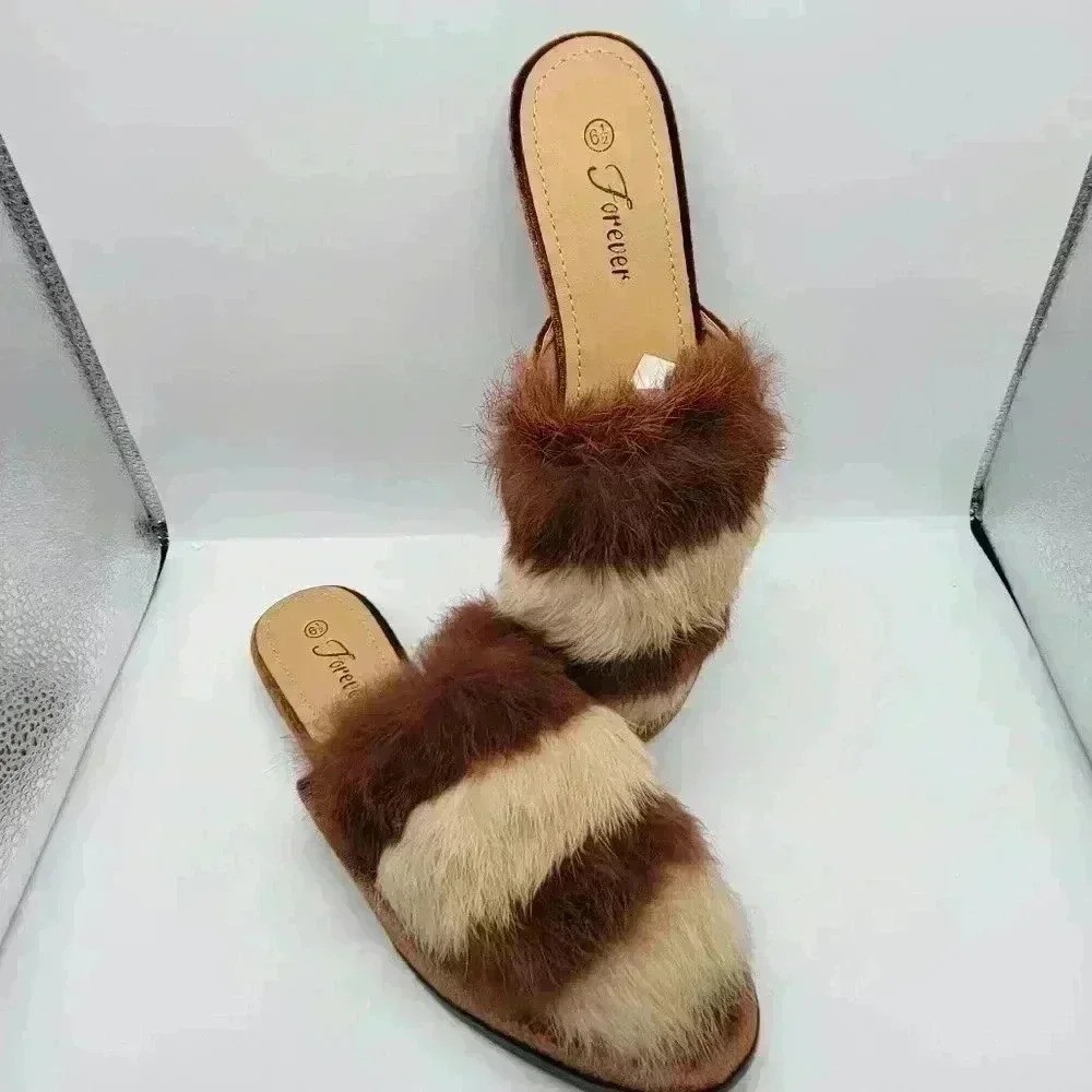 Forever Mule Furry Flat Women's Heel Slip on Slippers Shoes Size 6 1/2 Brown Tan - Picture 2 of 9